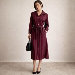 Countess Vintage Striped Shirt Dress Navy Red Midi‎ Button Belted 18C (12/14)